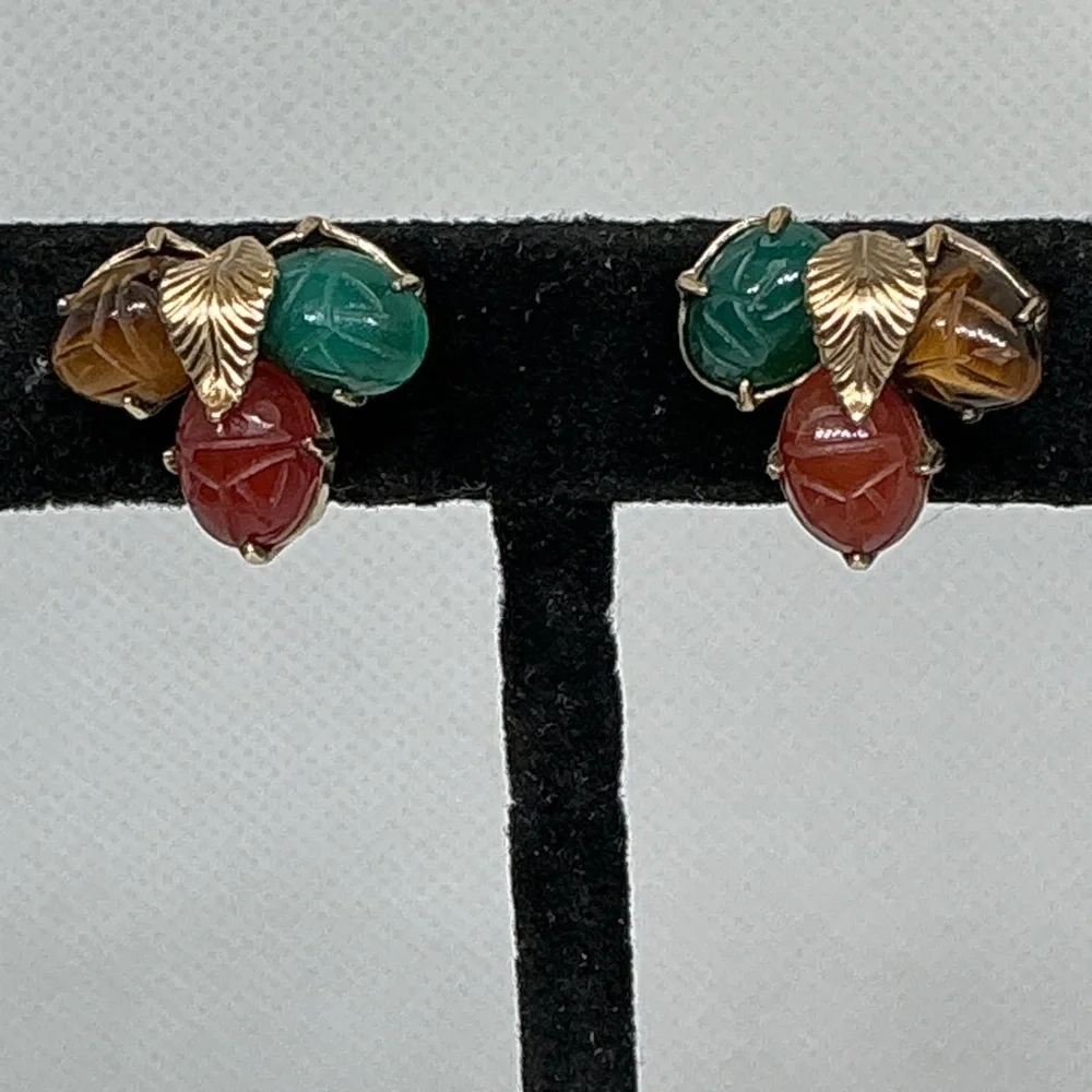 Vintage Scarab Brooch Earrings Set 12K GF Etched Gemstones Mid Century Signed